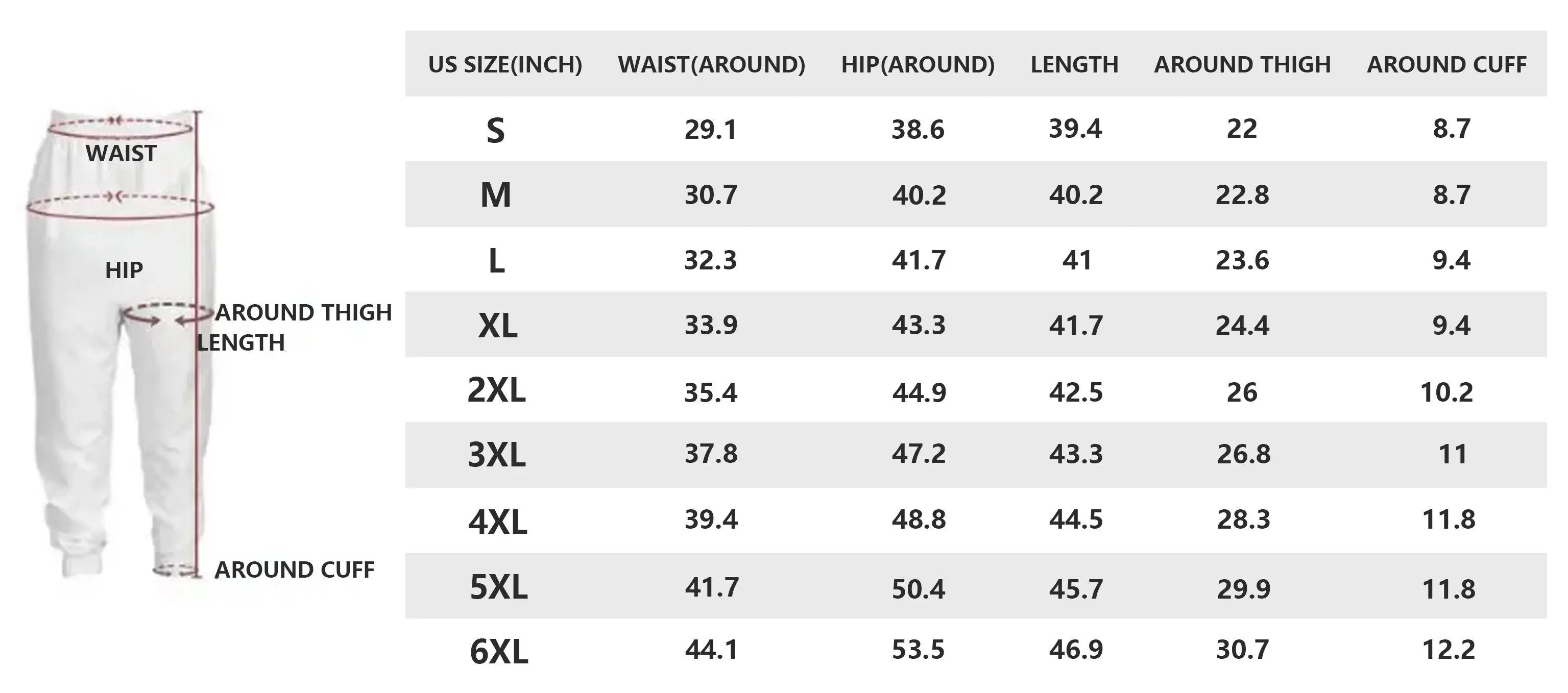 Sweatpants Zootop Size Chart