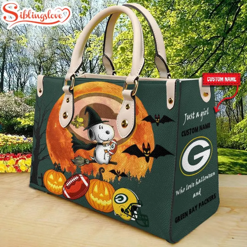 Custom Name Green Bay Packers Nfl Snoopy Halloween Women Leather Hand Bag7644.jpg