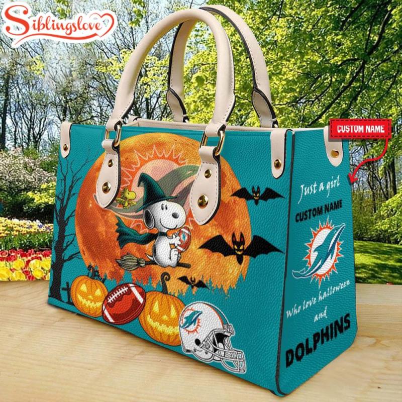 Custom Name Miami Dolphins Nfl Snoopy Halloween Women Leather Hand Bag3641.jpg