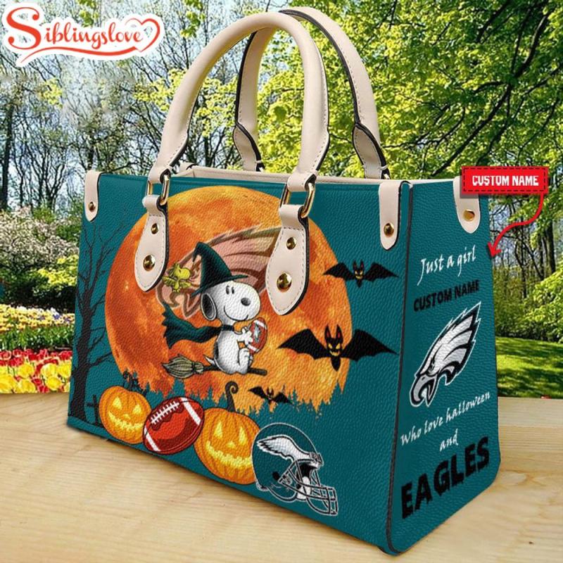 Custom Name Philadelphia Eagles Nfl Snoopy Halloween Women Leather Hand Bag8888.jpg