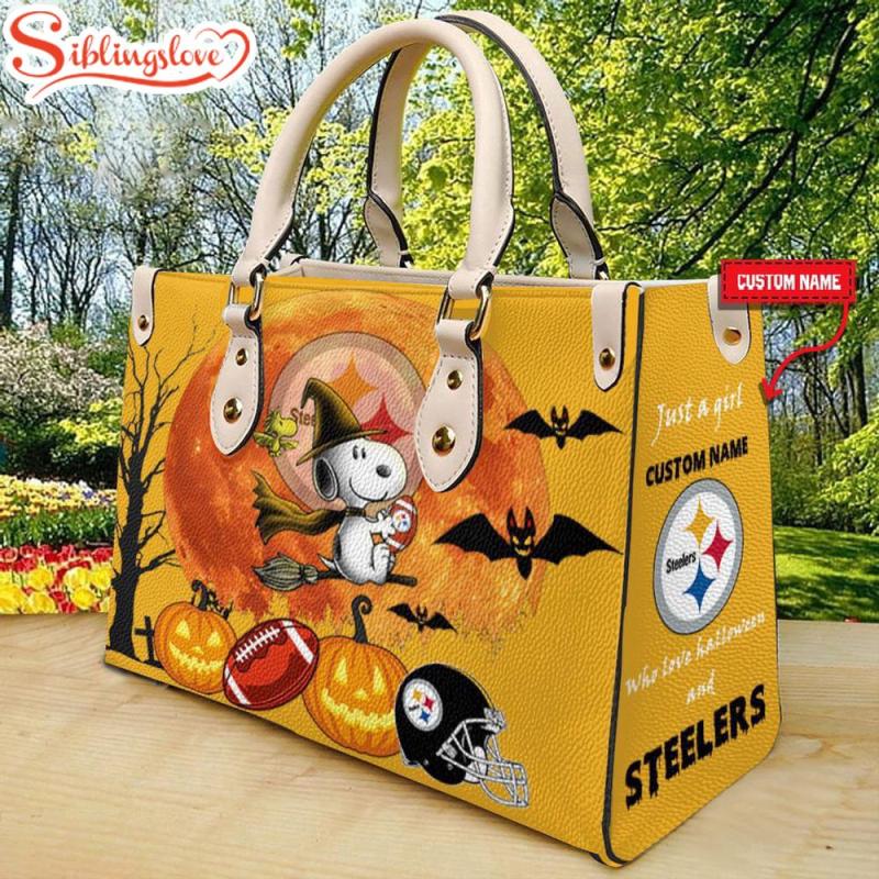 Custom Name Pittsburgh Steelers Nfl Snoopy Halloween Women Leather Hand Bag7509.jpg