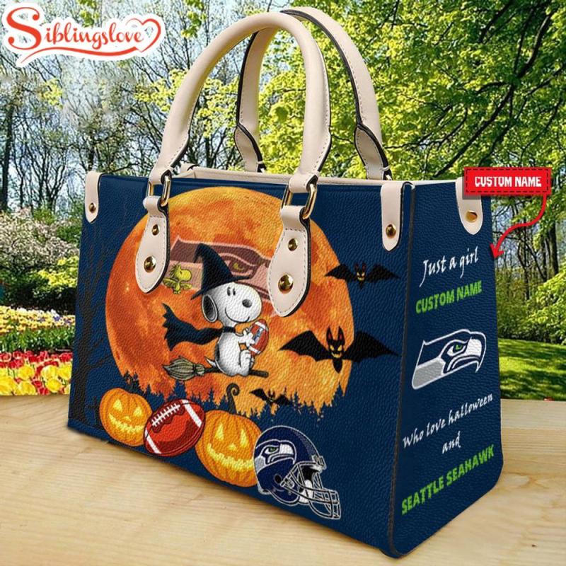 Custom Name Seattle Seahawks Nfl Snoopy Halloween Women Leather Hand Bag6814.jpg