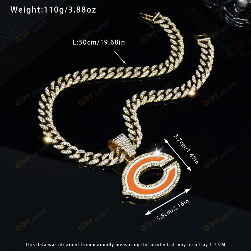 Chicago Bears Hip Hop Iced Out Bling Pendant Cuban Chain Fashion Punk Cool Jewelry 3.png