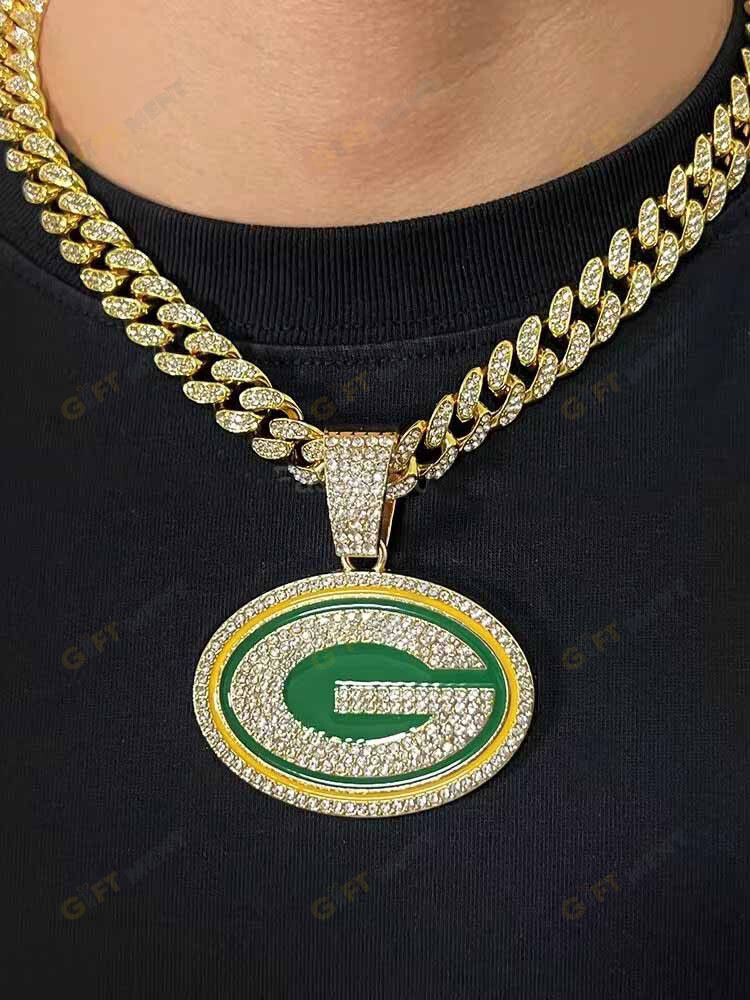 Green Bay Packers Hip Hop Iced Out Bling Pendant Cuban Chain Fashion Punk Cool Jewelry 2.jpg