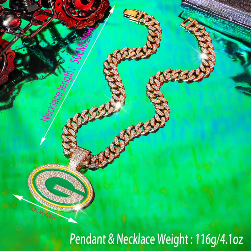 Green Bay Packers Hip Hop Iced Out Bling Pendant Cuban Chain Fashion Punk Cool Jewelry 6.png