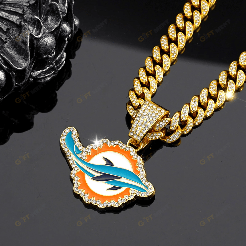 Miami Dolphins Hip Hop Iced Out Bling Pendant Cuban Chain Fashion Punk Cool Jewelry 3.png